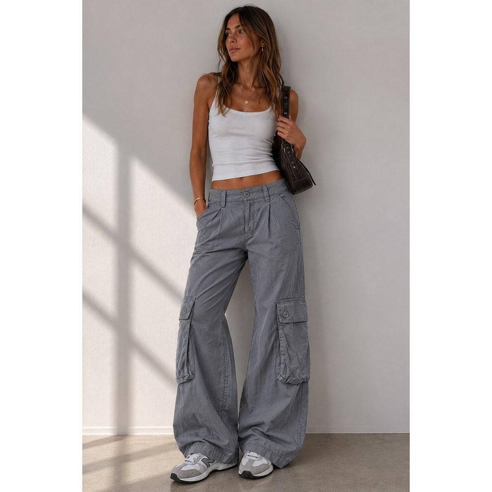 LACAUSA Women Blue Grey Cotton Tencel Wide Leg Cargo Pants High Rise Utility 4